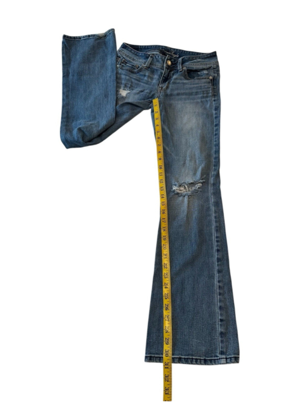 American Eagle Bootcut Jeans Low Rise Women 4 Blue Stretch Distressed Destructed - Picture 14 of 16